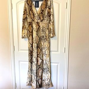 PRETTYLITTLETHING Beige Snake Print Jumpsuit with trumpet sleeves /wide leg pant